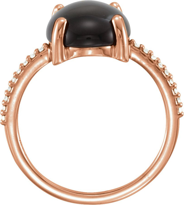 14K Gold Oval Natural Black Onyx & Natural Diamond Accented Cabochon Ring - Rose Gold - view 2