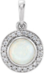 14K Gold Round Natural White Opal & Natural Diamond Bezel-Set Halo-Style Pendant – 0.08 CTW - White Gold