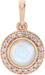 14K Gold Round Natural White Opal & Natural Diamond Bezel-Set Halo-Style Pendant – 0.08 CTW - Rose Gold