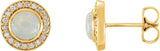 14K Gold Round Natural White Opal & Natural Diamond Halo-Style Earrings - Yellow Gold
