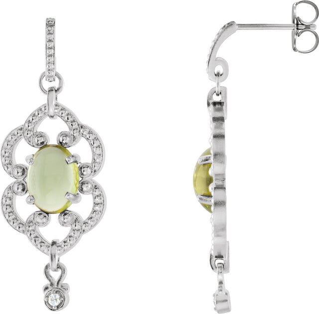 14K Gold Oval Natural Peridot & Natural Diamond Granulated Earrings - White Gold