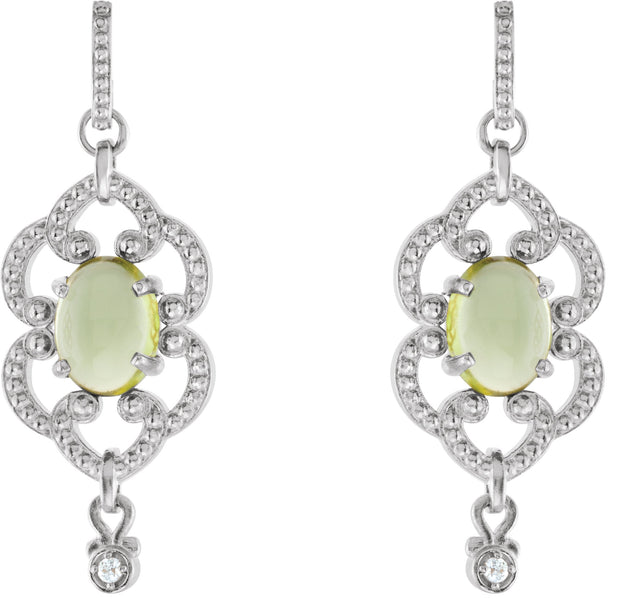 14K Gold Oval Natural Peridot & Natural Diamond Granulated Earrings - White Gold - view 2