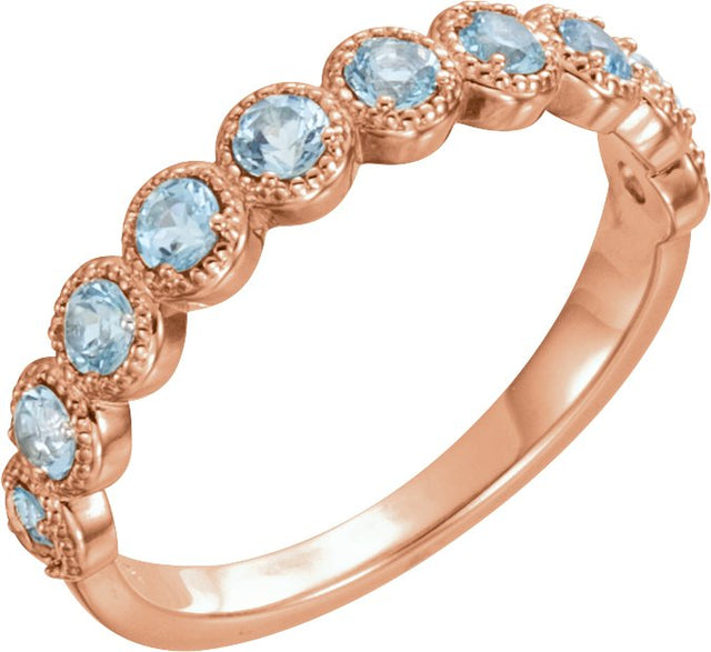 14K Gold Round Natural Aquamarine Beaded Ring – 2.5mm Stones - Rose Gold