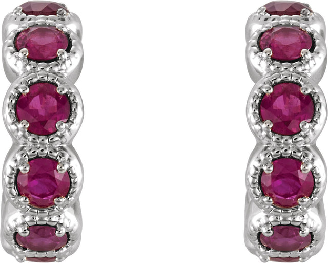 14K Gold Round Lab-Grown Ruby Accented Hoop Earrings - White Gold - view 4