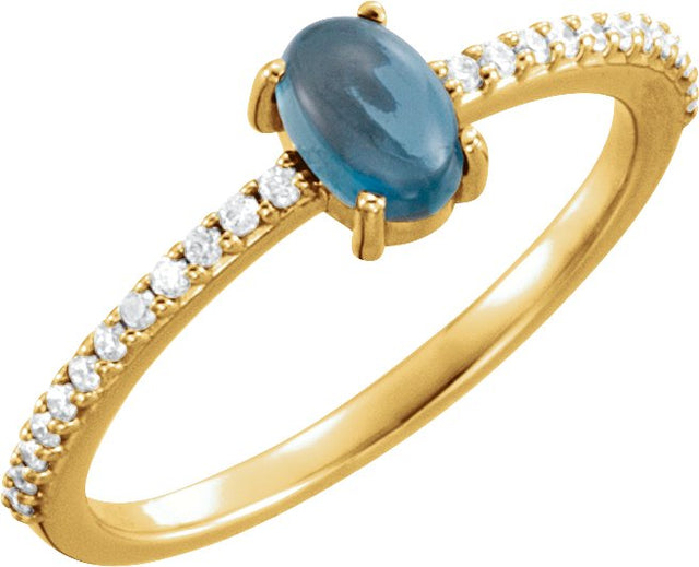 14K Gold Oval Natural London Blue Topaz & Natural Diamond Accented Cabochon Ring - Yellow Gold