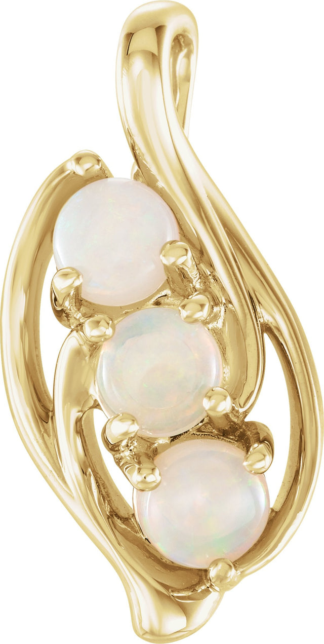 14K Gold Round Natural White Opal Three-Stone Cabochon Pendant - Yellow Gold