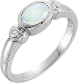 14K Gold Oval Natural White Opal & Natural Diamond Cabochon Bezel-Set Ring - White Gold