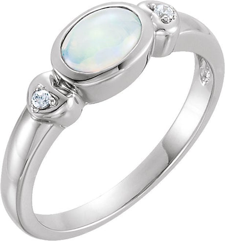 14K Gold Oval Natural White Opal & Natural Diamond Cabochon Bezel-Set Ring - White Gold
