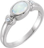 14K Gold Oval Natural White Opal & Natural Diamond Cabochon Bezel-Set Ring - White Gold