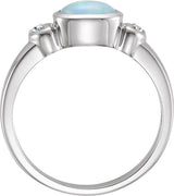 14K Gold Oval Natural White Opal & Natural Diamond Cabochon Bezel-Set Ring - White Gold - view 2