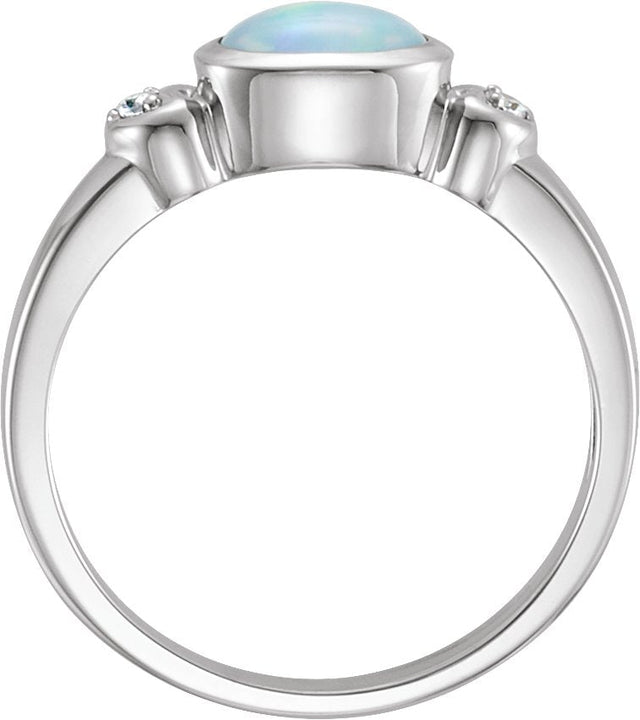 14K Gold Oval Natural White Opal & Natural Diamond Cabochon Bezel-Set Ring - White Gold - view 2