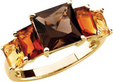 14K Gold Square Natural Smoky Quartz & Natural Citrine & Natural Madeira Citrine Multi-Stone Ring
