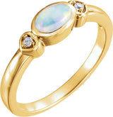 14K Gold Oval Natural White Opal & Natural Diamond Cabochon Bezel-Set Ring - Yellow Gold