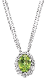 14K Gold Oval Natural Peridot & Natural Diamond Halo-Style Necklace