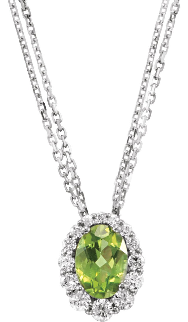 14K Gold Oval Natural Peridot & Natural Diamond Halo-Style Necklace