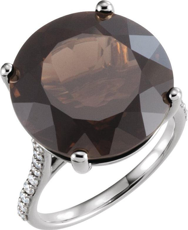 14K Gold Round Natural Smoky Quartz & Natural Diamond Accented Ring - White Gold