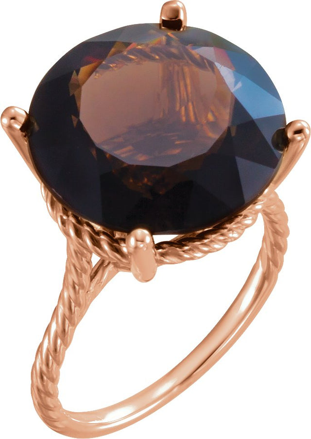 14K Gold Round Natural Smoky Quartz Rope Ring - Rose Gold