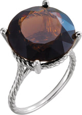 14K Gold Round Natural Smoky Quartz Rope Ring - White Gold