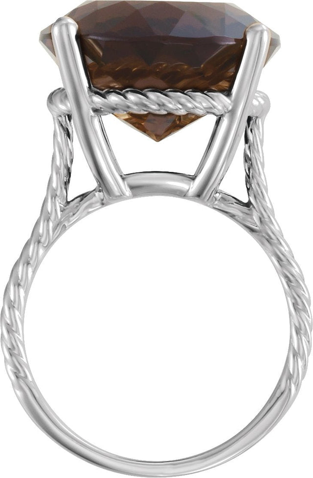 14K Gold Round Natural Smoky Quartz Rope Ring - White Gold - view 2