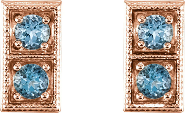 14K Gold Round Natural Aquamarine Two-Stone Earrings - Rose Gold - view 4