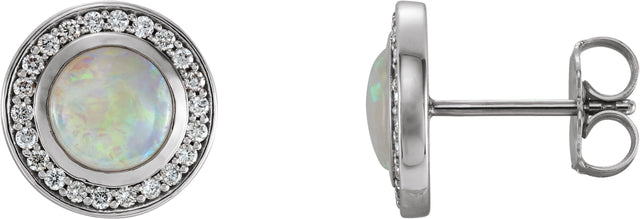 Platinum Round Natural Opal & Natural Diamond Halo-Style Earrings