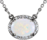 14K Gold Oval Natural White Opal & Natural Diamond Halo-Style Necklace - White Gold