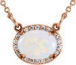 14K Gold Oval Natural White Opal & Natural Diamond Halo-Style Necklace - Rose Gold