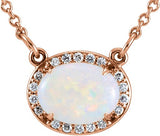 14K Gold Oval Natural White Opal & Natural Diamond Halo-Style Necklace - Rose Gold