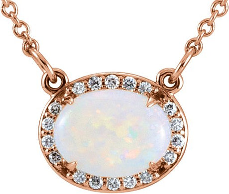 14K Gold Oval Natural White Opal & Natural Diamond Halo-Style Necklace - Rose Gold