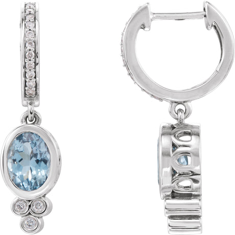 14K Gold Oval Natural Aquamarine & Natural Diamond Bezel-Set Hoop Earrings - White Gold