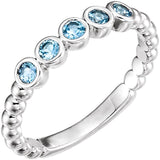 Platinum Round Natural Aquamarine Beaded Bezel-Set Ring
