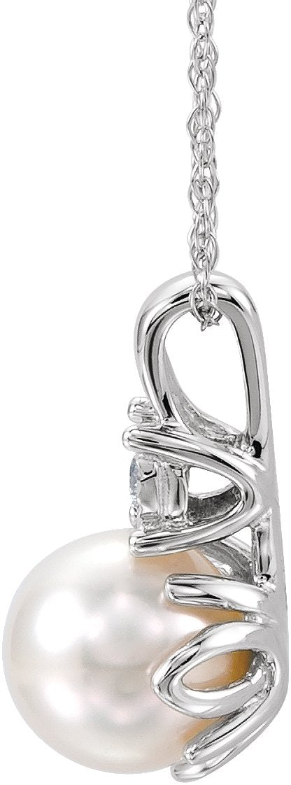 14K Gold Pearl Cultured White Freshwater Pearl & Natural Diamond Accented Necklace - view 2