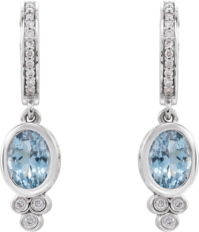14K Gold Oval Natural Aquamarine & Natural Diamond Bezel-Set Hoop Earrings - White Gold - view 2