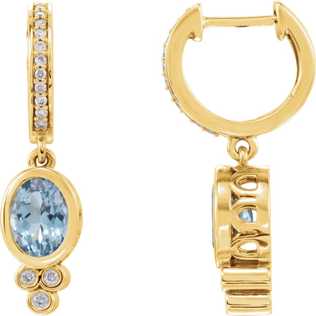 14K Gold Oval Natural Aquamarine & Natural Diamond Bezel-Set Hoop Earrings - Yellow Gold