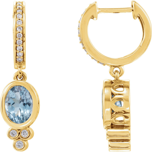 14K Gold Oval Natural Aquamarine & Natural Diamond Bezel-Set Hoop Earrings - Yellow Gold
