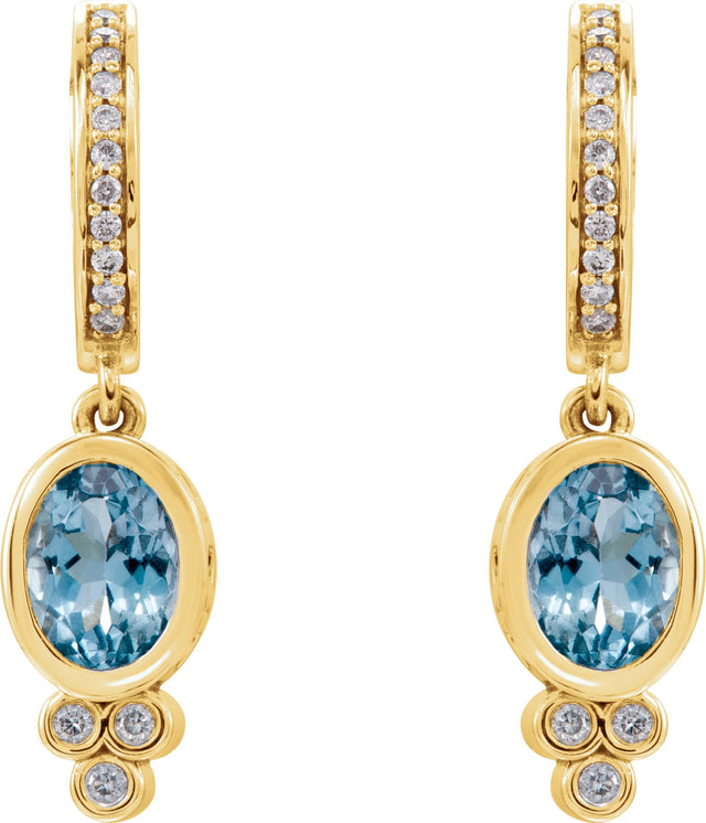 14K Gold Oval Natural Aquamarine & Natural Diamond Bezel-Set Hoop Earrings - Yellow Gold - view 2