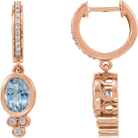 14K Gold Oval Natural Aquamarine & Natural Diamond Bezel-Set Hoop Earrings - Rose Gold