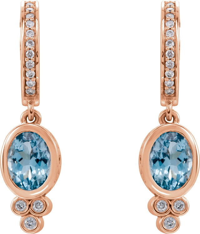 14K Gold Oval Natural Aquamarine & Natural Diamond Bezel-Set Hoop Earrings - Rose Gold - view 2