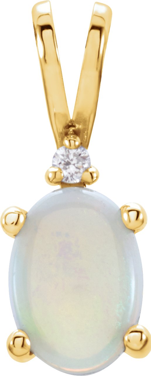 14K Gold Oval Natural White Opal & Natural Diamond Accented Cabochon Pendant - Yellow Gold