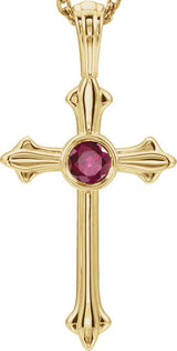 14K Gold Round Natural Ruby Cross Pendant V - Yellow Gold