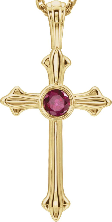 14K Gold Round Natural Ruby Cross Pendant V - Yellow Gold
