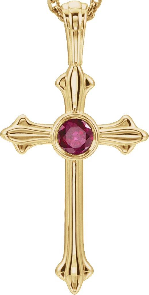 14K Gold Round Natural Ruby Cross Pendant V - Yellow Gold