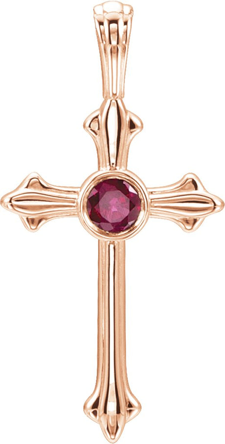 14K Gold Round Natural Ruby Cross Pendant V - Rose Gold