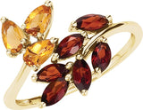 14K Gold Marquise Natural Citrine & Natural Mozambique Garnet Leaf Design Bypass Ring