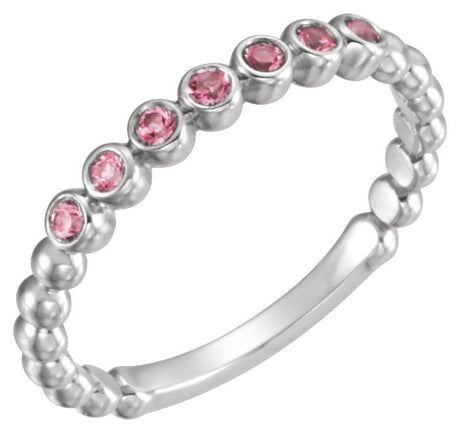Platinum Round Natural Pink Tourmaline Stackable Bead Ring - view 2