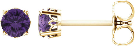 14K Gold Natural Amethyst Round 4-Prong Scroll Setting Stud Earrings - Yellow Gold