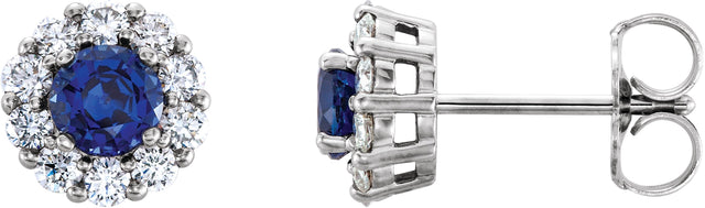 Platinum Lab-Grown Blue Sapphire & Natural Diamond Round 4-Prong Halo-Style Earrings – 3.5-8mm Stones