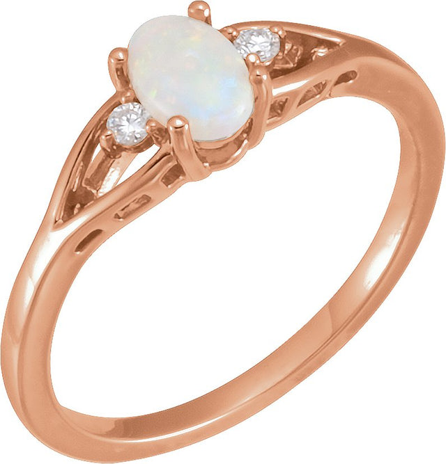 14K Gold Oval Natural White Opal & Natural Diamond Accented Cabochon Ring – 6x4mm - Rose Gold