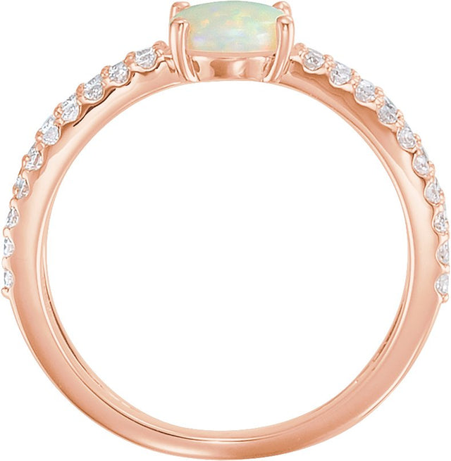 14K Gold Oval Natural White Opal & Natural Diamond Accented Cabochon Ring – 8x6mm - Rose Gold - view 2
