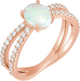 14K Gold Oval Natural White Opal & Natural Diamond Accented Cabochon Ring – 8x6mm - Rose Gold